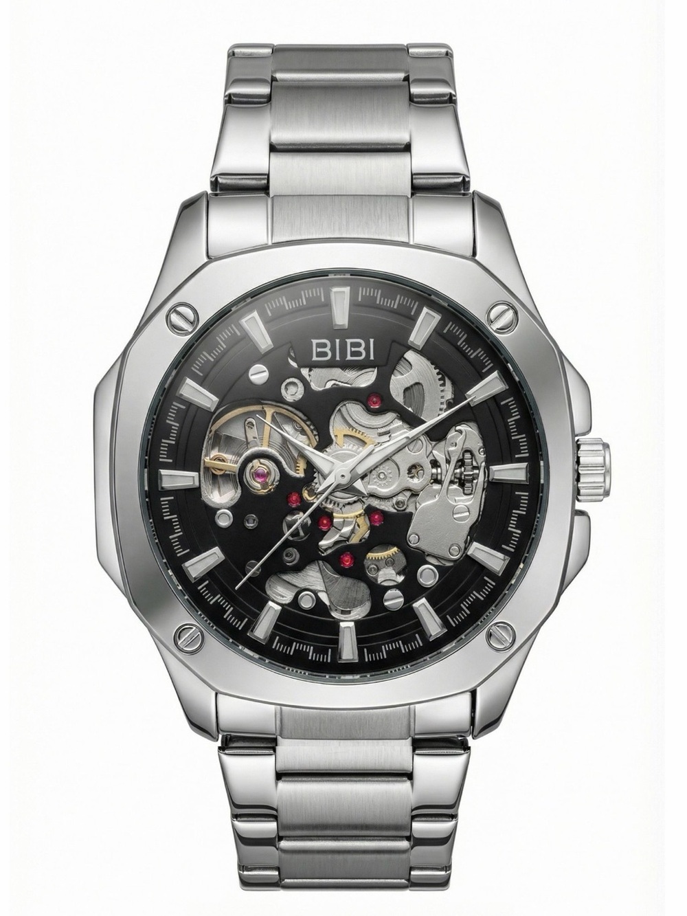 BiBi Silver Men’s Skeleton Watch with Black Dial Accents